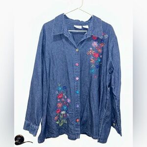 Vintage Blair Embroidered Floral Denim Shirt Womens XXL With Colorful Buttons